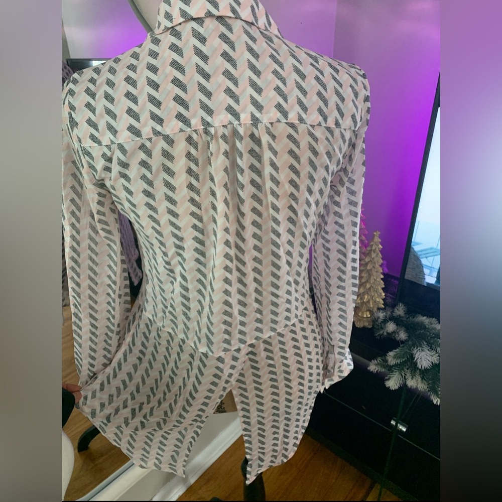 Euc White And Blue Patterned Button-Up Blouse - image 4